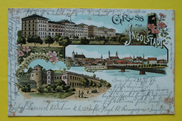 AK Gruss aus Ingolstadt / 1899 / Litho Lithographie / Vavalier Haydeck / Friedenskaserne A B / Kaserne / Stadtansicht